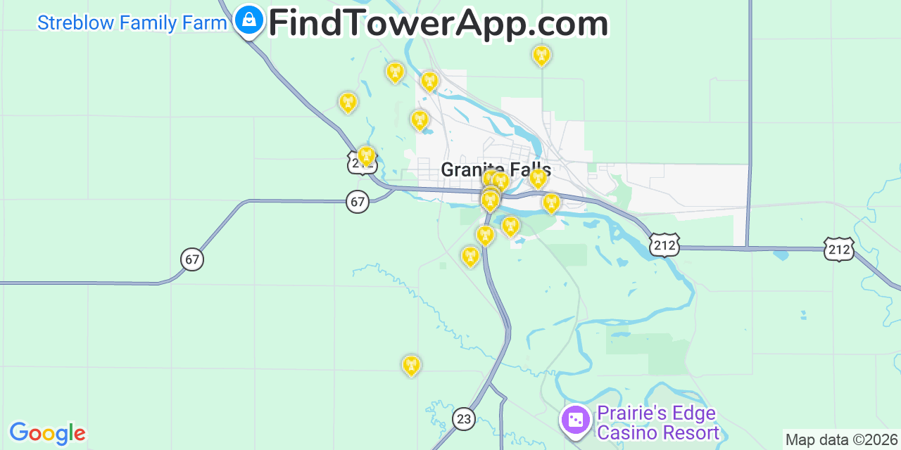 Map showing the 20 primary cell tower locations detected in Granite Falls, Minnesota from AT&T, Verizon, and T-Mobile networks