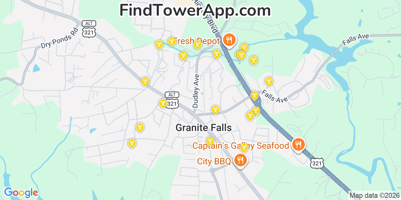 Map showing the 20 primary cell tower locations detected in Granite Falls, North Carolina from AT&T, Verizon, and T-Mobile networks