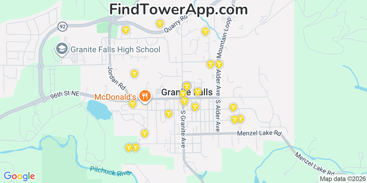 Map showing the 20 primary cell tower locations detected in Granite Falls, Washington from AT&T, Verizon, and T-Mobile networks