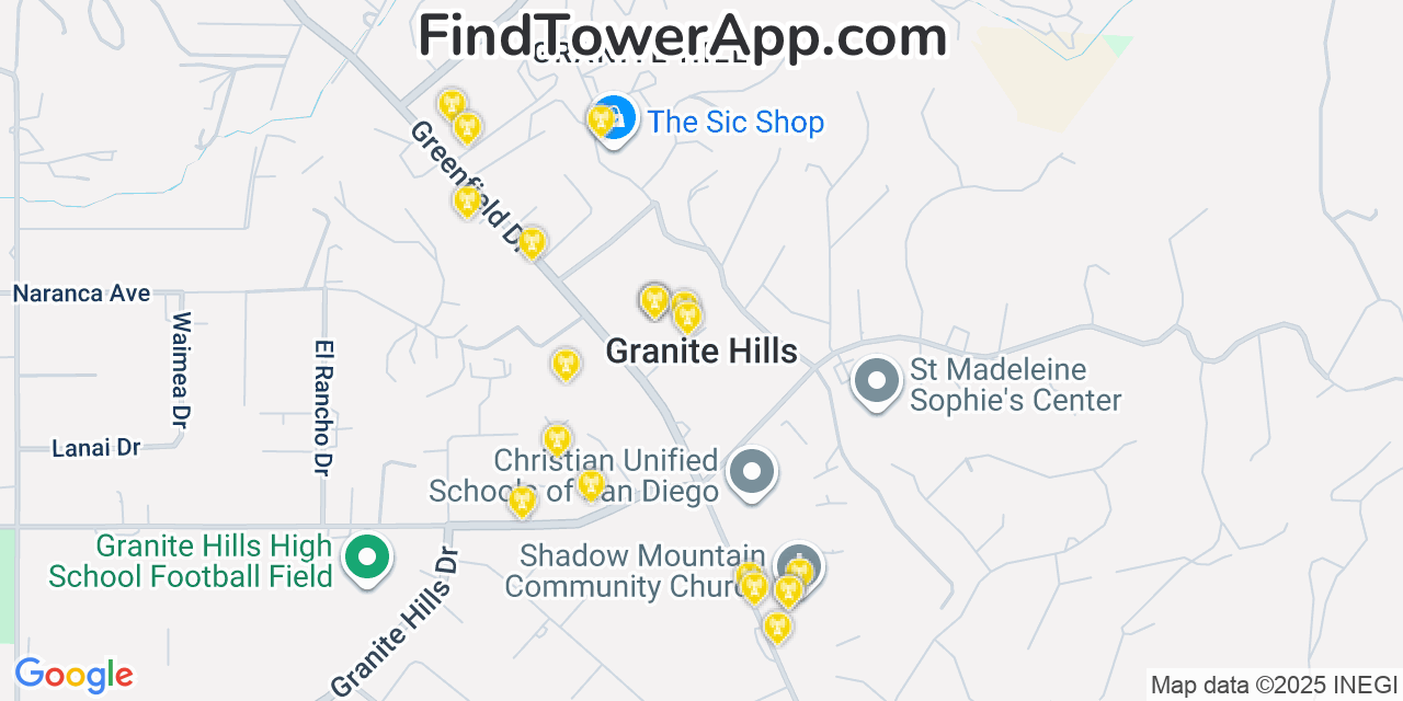 Map showing the 20 primary cell tower locations detected in Granite Hills, California from AT&T, Verizon, and T-Mobile networks