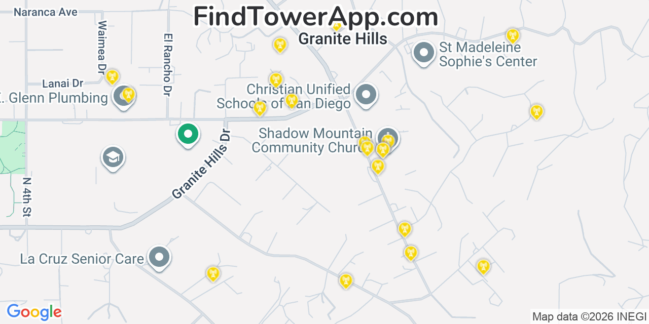 Map showing the 20 primary cell tower locations detected in Granite Hills, California from AT&T, Verizon, and T-Mobile networks