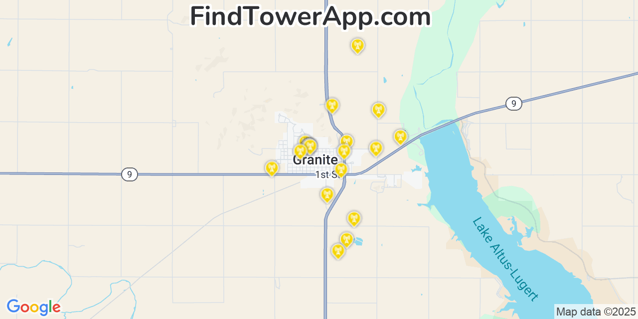 Map showing the 20 primary cell tower locations detected in Granite, Oklahoma from AT&T, Verizon, and T-Mobile networks