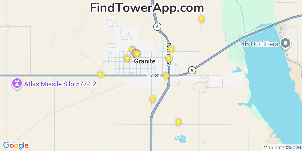 Map showing the 20 primary cell tower locations detected in Granite, Oklahoma from AT&T, Verizon, and T-Mobile networks