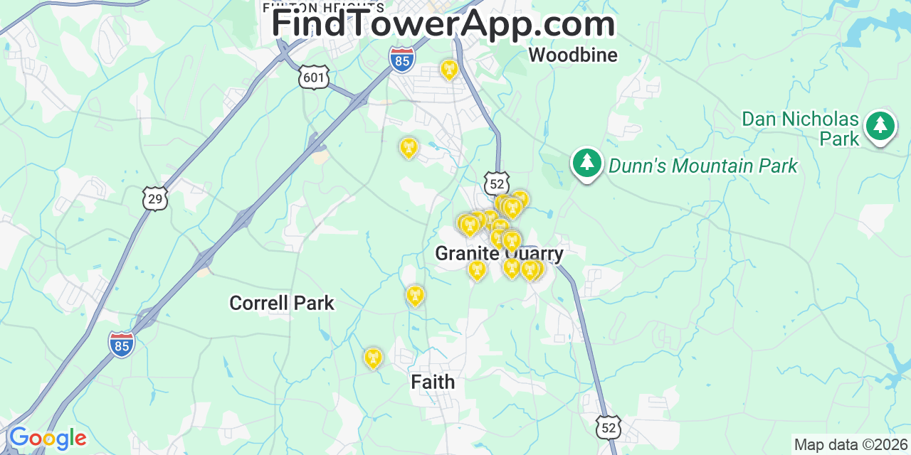 Map showing the 20 primary cell tower locations detected in Granite Quarry, North Carolina from AT&T, Verizon, and T-Mobile networks