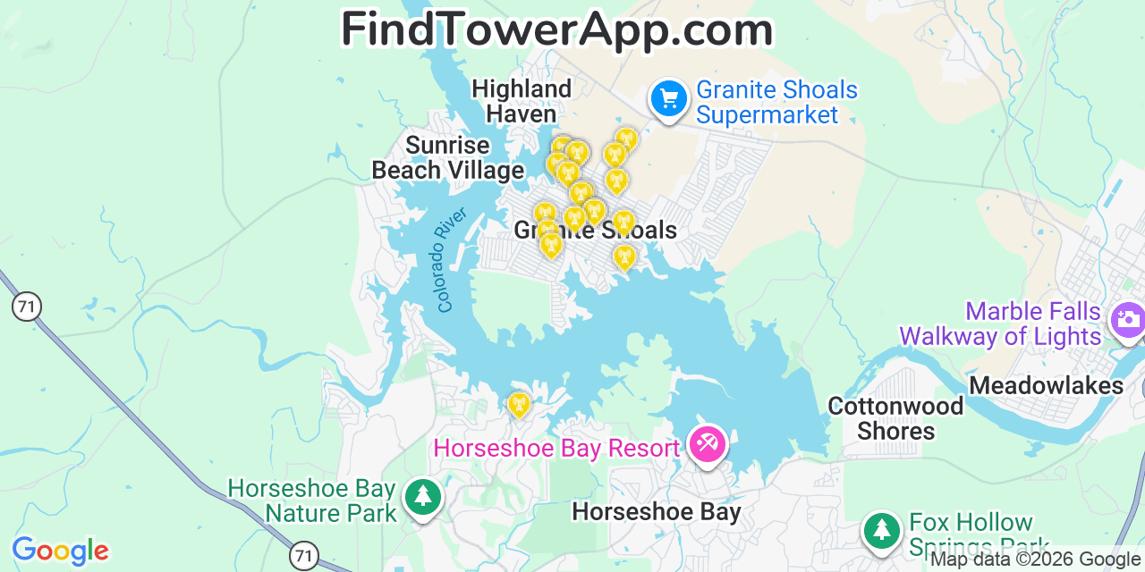 Map showing the 20 primary cell tower locations detected in Granite Shoals, Texas from AT&T, Verizon, and T-Mobile networks