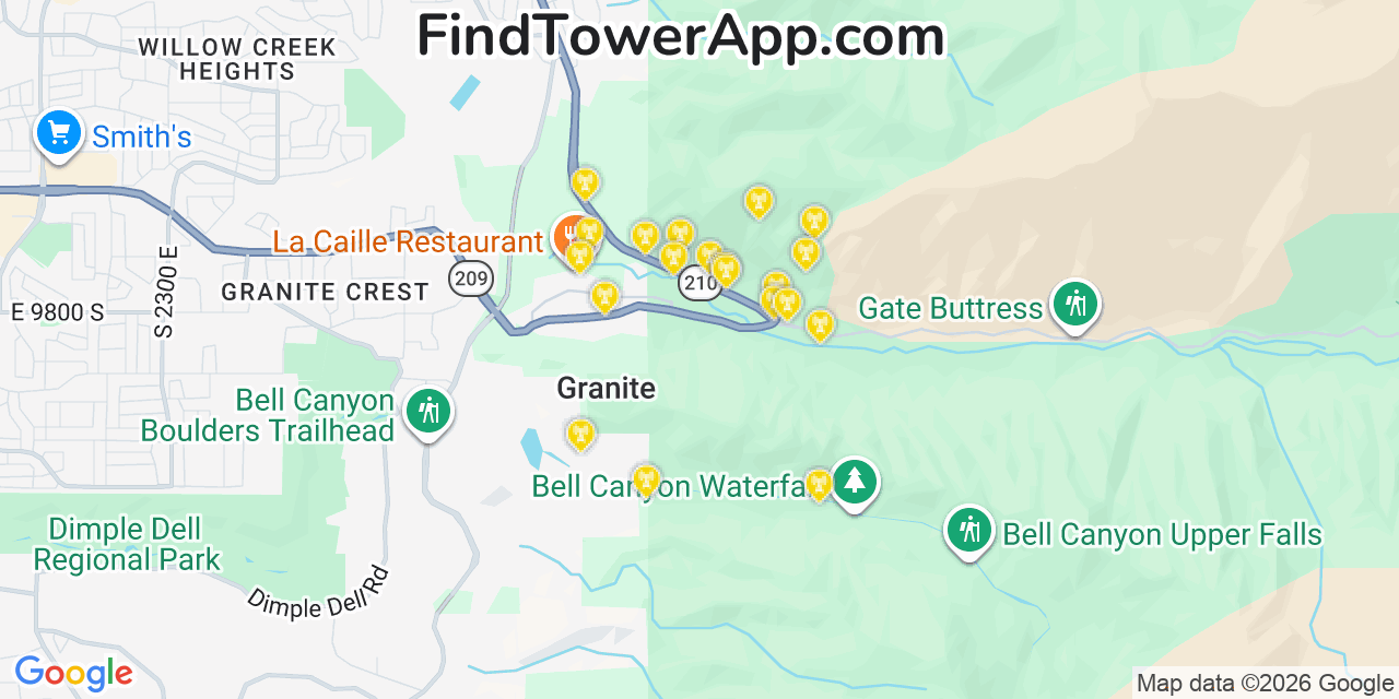 Map showing the 20 primary cell tower locations detected in Granite, Utah from AT&T, Verizon, and T-Mobile networks