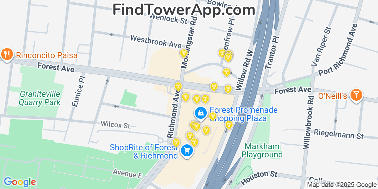 Map showing the 20 primary cell tower locations detected in Graniteville, New York from AT&T, Verizon, and T-Mobile networks