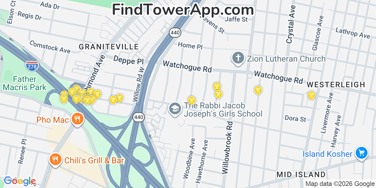 Map showing the 20 primary cell tower locations detected in Graniteville, New York from AT&T, Verizon, and T-Mobile networks