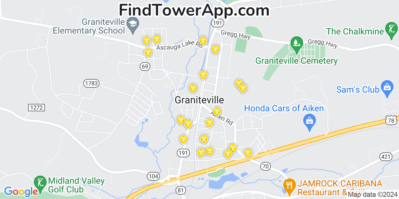 AT&T 4G/5G cell tower coverage map Graniteville, South Carolina