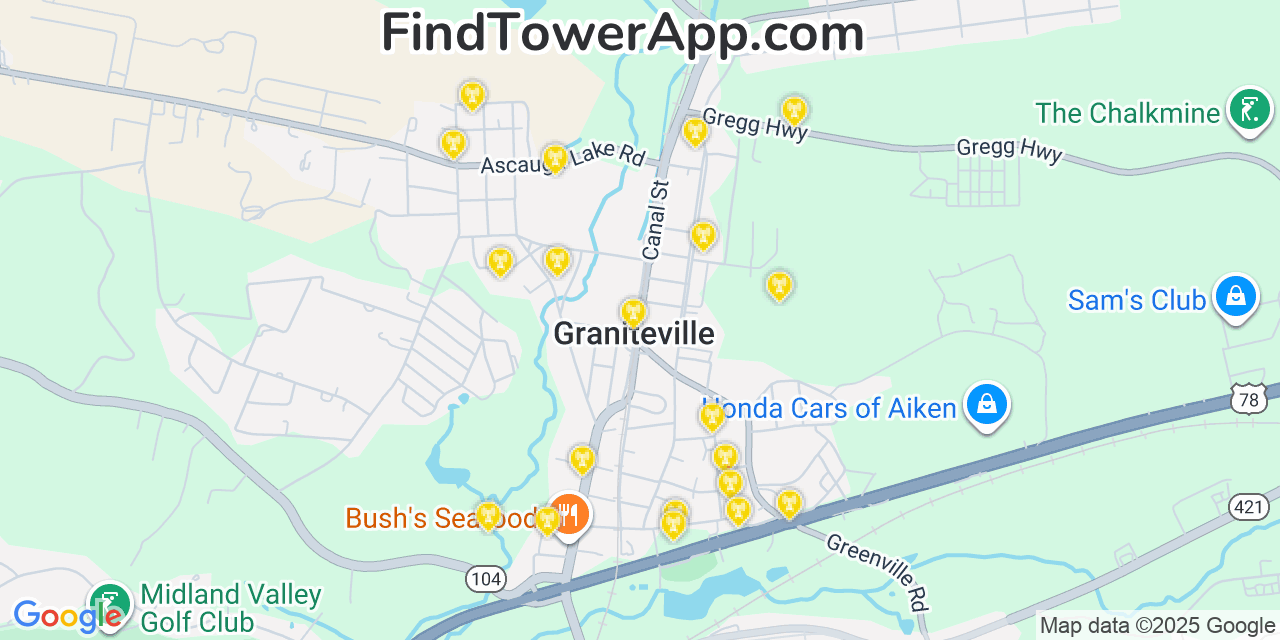 Map showing the 20 primary cell tower locations detected in Graniteville, South Carolina from AT&T, Verizon, and T-Mobile networks