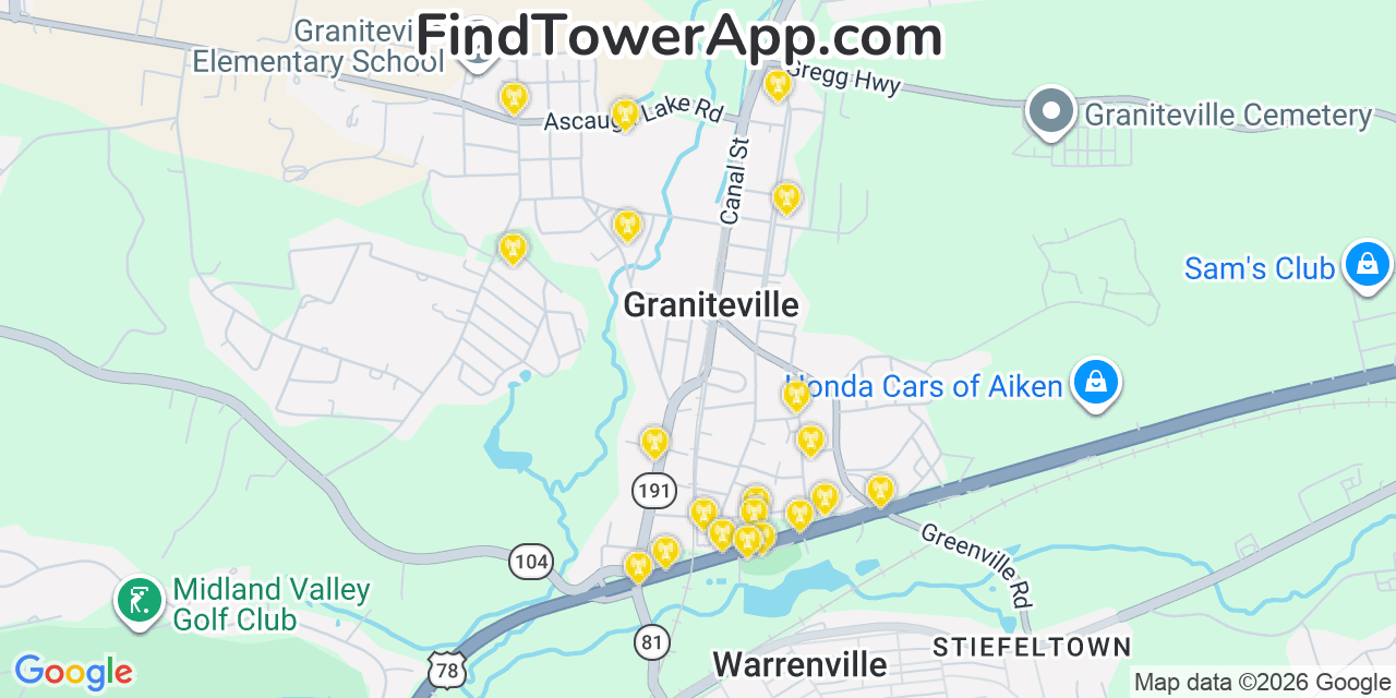 Map showing the 20 primary cell tower locations detected in Graniteville, South Carolina from AT&T, Verizon, and T-Mobile networks