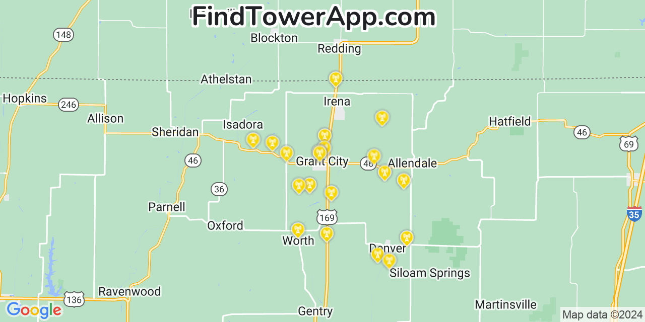 AT&T 4G/5G cell tower coverage map Grant City, Missouri