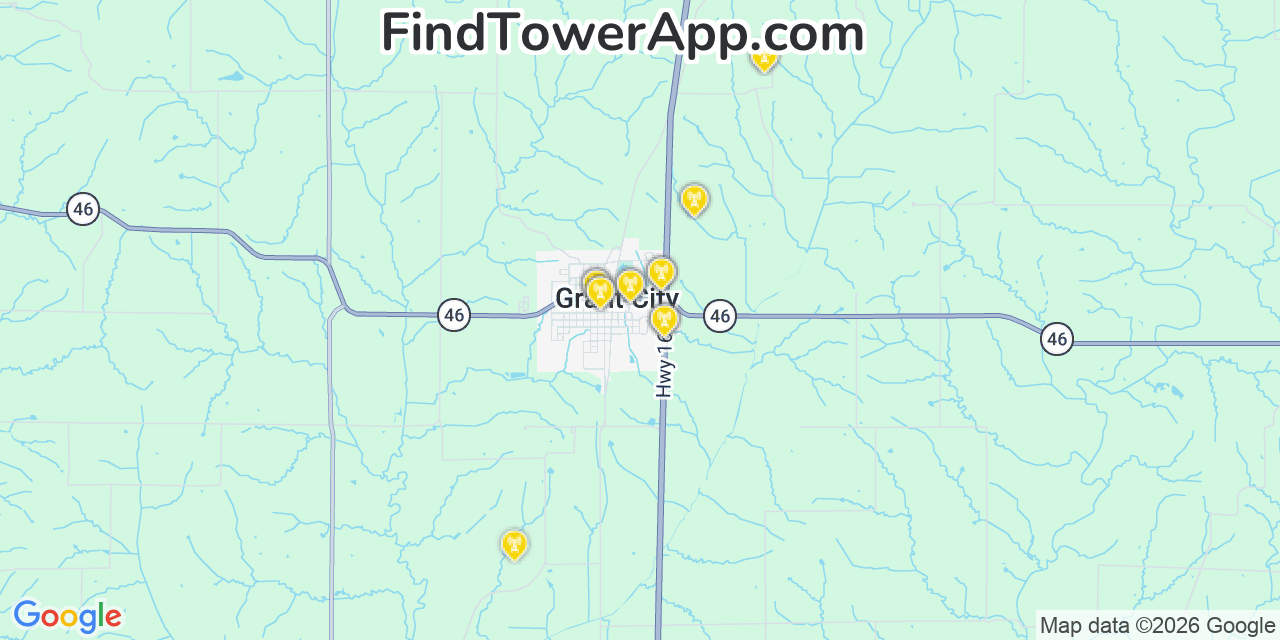 Map showing the 20 primary cell tower locations detected in Grant City, Missouri from AT&T, Verizon, and T-Mobile networks