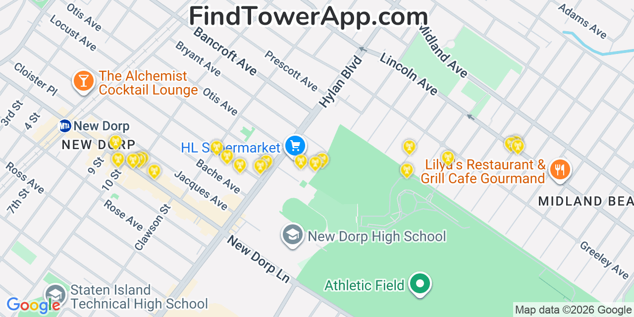 Map showing the 20 primary cell tower locations detected in Grant City, New York from AT&T, Verizon, and T-Mobile networks