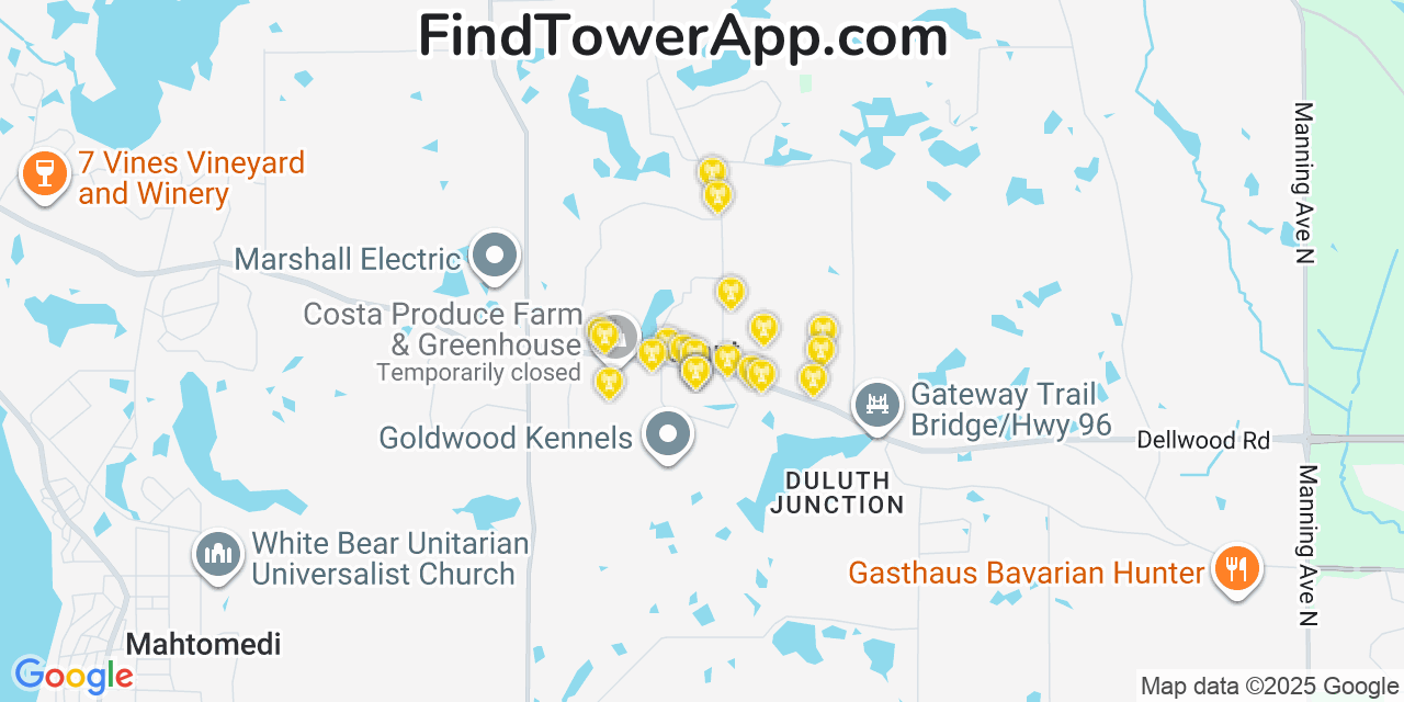 Map showing the 20 primary cell tower locations detected in Grant, Minnesota from AT&T, Verizon, and T-Mobile networks