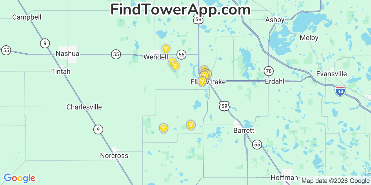 Map showing the 20 primary cell tower locations detected in Grant, Minnesota from AT&T, Verizon, and T-Mobile networks
