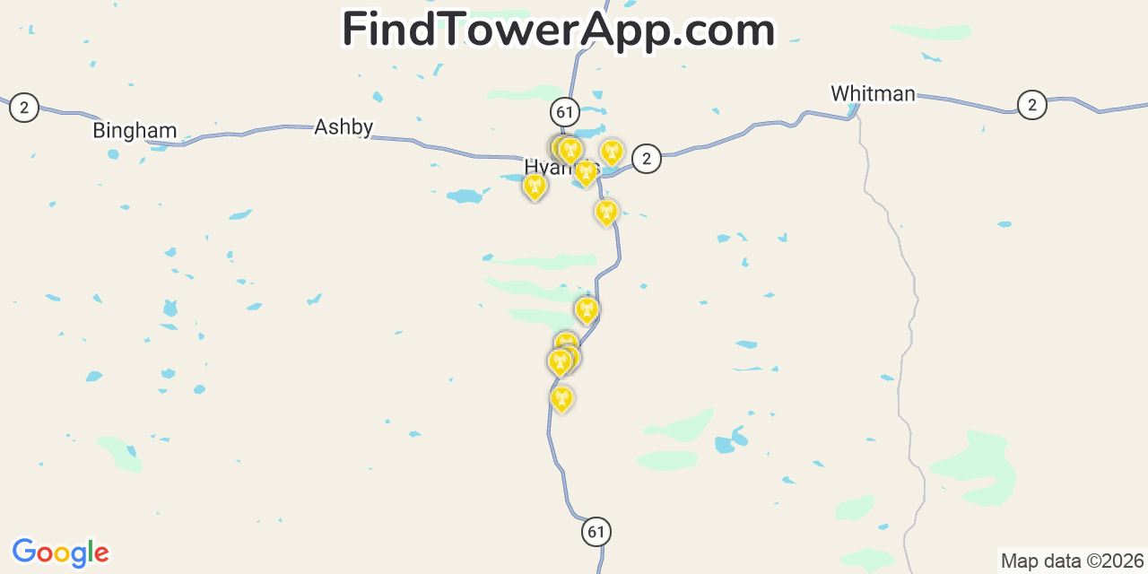 Map showing the 20 primary cell tower locations detected in Grant, Nebraska from AT&T, Verizon, and T-Mobile networks