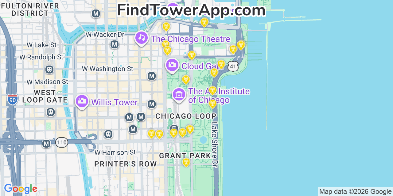 Map showing the 20 primary cell tower locations detected in Grant Park, Illinois from AT&T, Verizon, and T-Mobile networks