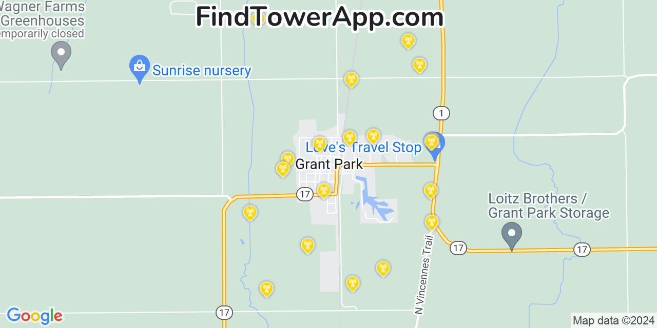 Verizon 4G/5G cell tower coverage map Grant Park, Illinois