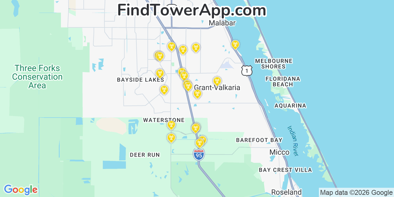 Map showing the 20 primary cell tower locations detected in Grant Valkaria, Florida from AT&T, Verizon, and T-Mobile networks