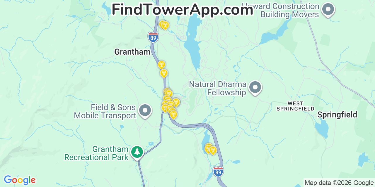 Map showing the 20 primary cell tower locations detected in Grantham, New Hampshire from AT&T, Verizon, and T-Mobile networks