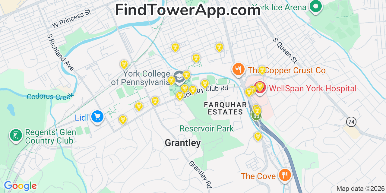 Map showing the 20 primary cell tower locations detected in Grantley, Pennsylvania from AT&T, Verizon, and T-Mobile networks
