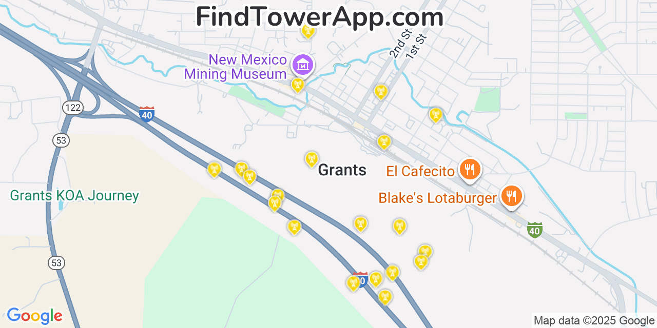 Map showing the 20 primary cell tower locations detected in Grants, New Mexico from AT&T, Verizon, and T-Mobile networks