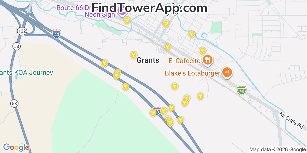 Map showing the 20 primary cell tower locations detected in Grants, New Mexico from AT&T, Verizon, and T-Mobile networks