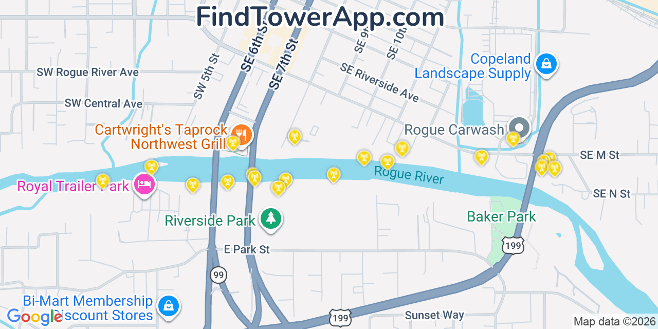 Map showing the 20 primary cell tower locations detected in Grants Pass, Oregon from AT&T, Verizon, and T-Mobile networks