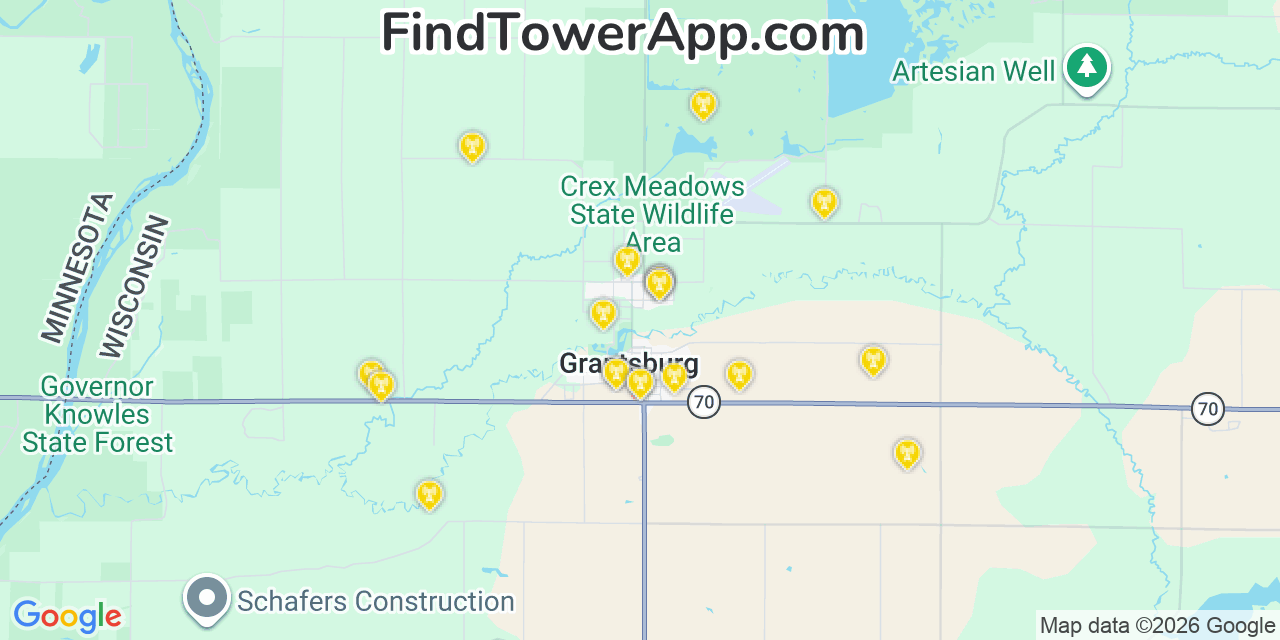 Map showing the 20 primary cell tower locations detected in Grantsburg, Wisconsin from AT&T, Verizon, and T-Mobile networks