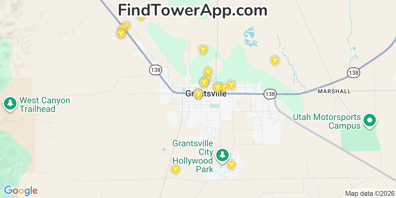 Map showing the 20 primary cell tower locations detected in Grantsville, Utah from AT&T, Verizon, and T-Mobile networks