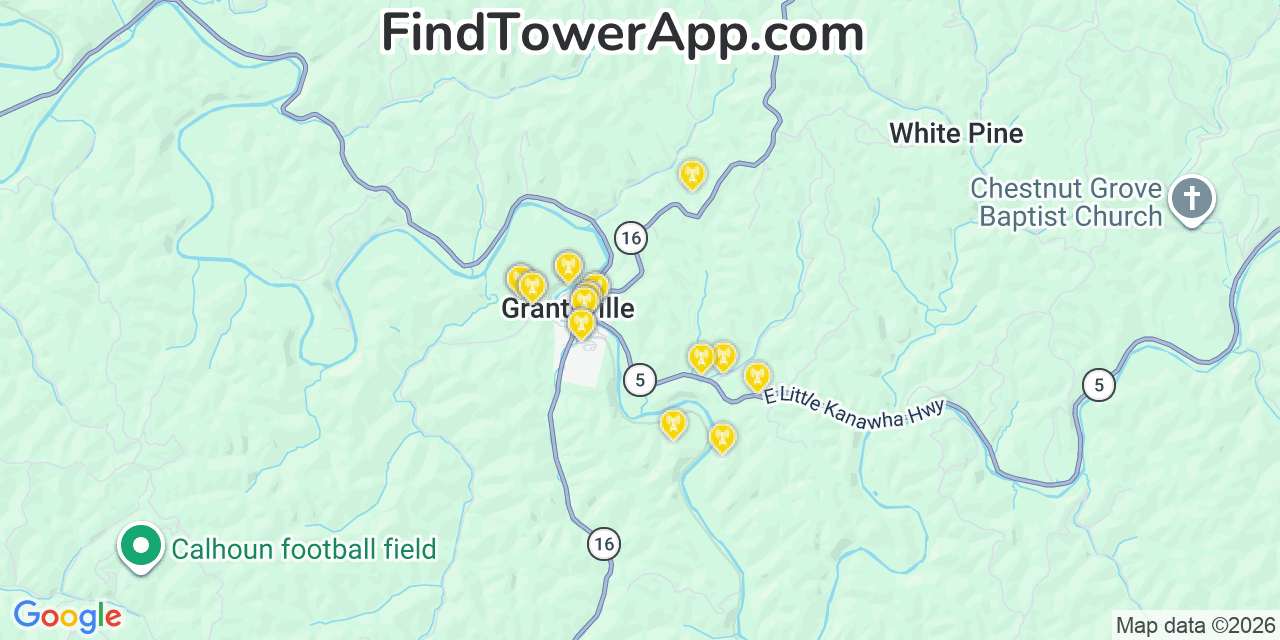 Map showing the 20 primary cell tower locations detected in Grantsville, West Virginia from AT&T, Verizon, and T-Mobile networks