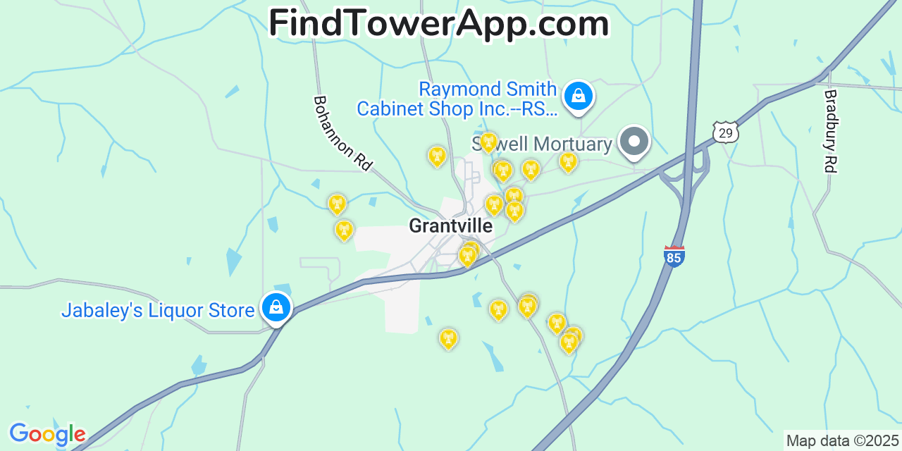 Map showing the 20 primary cell tower locations detected in Grantville, Georgia from AT&T, Verizon, and T-Mobile networks