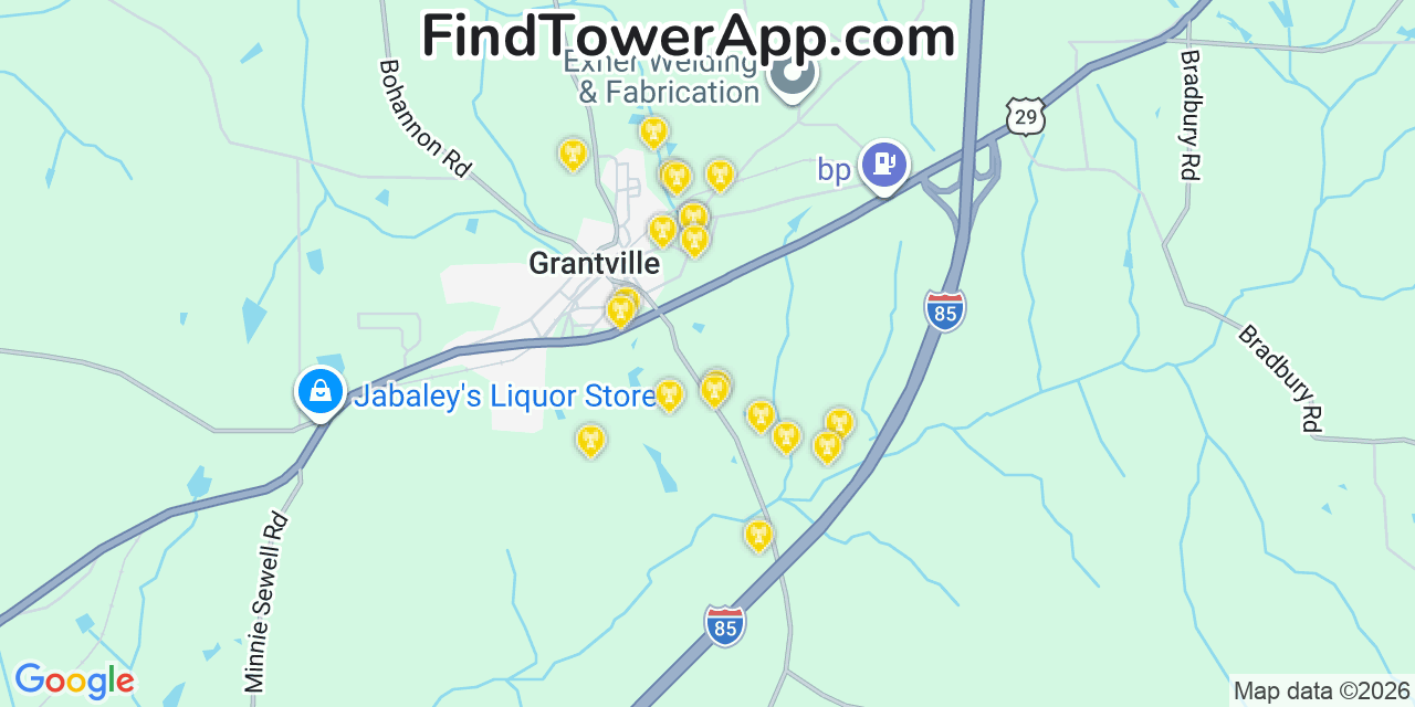 Map showing the 20 primary cell tower locations detected in Grantville, Georgia from AT&T, Verizon, and T-Mobile networks