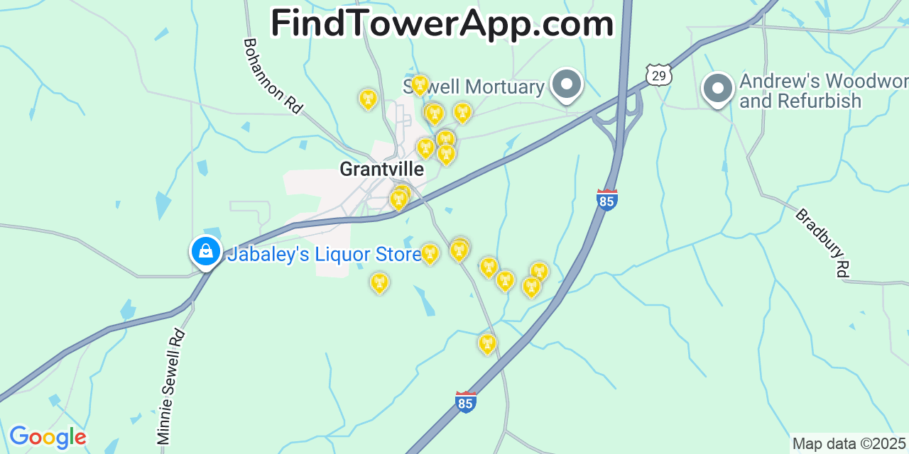Map showing the 20 primary Mobitel cell tower locations detected in Grantville, Georgia with coverage radius and signal strength indicators