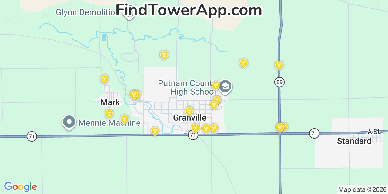Map showing the 20 primary cell tower locations detected in Granville, Illinois from AT&T, Verizon, and T-Mobile networks
