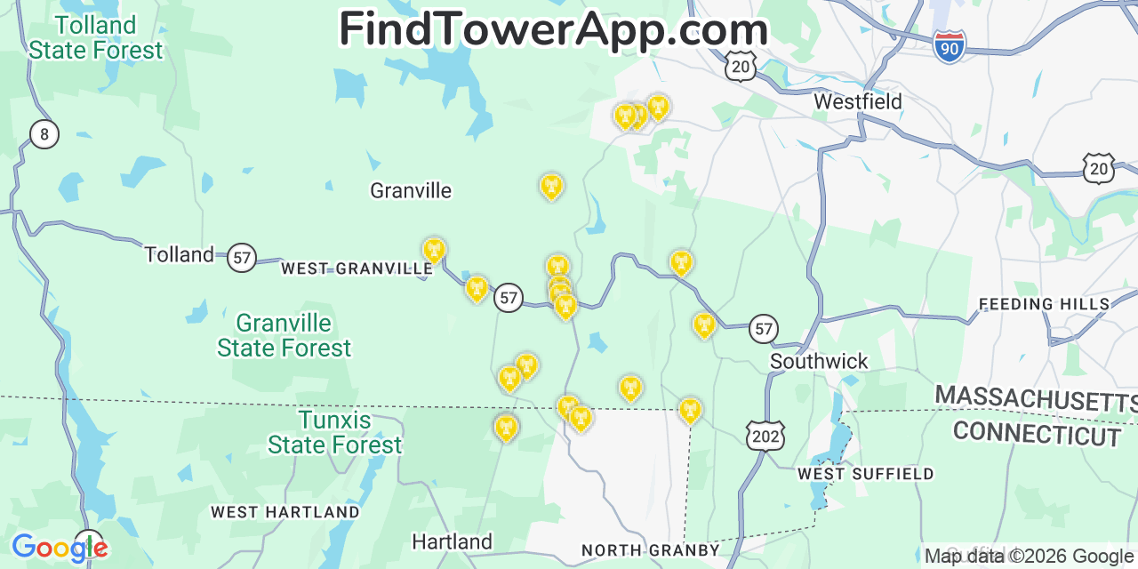 Map showing the 20 primary cell tower locations detected in Granville, Massachusetts from AT&T, Verizon, and T-Mobile networks
