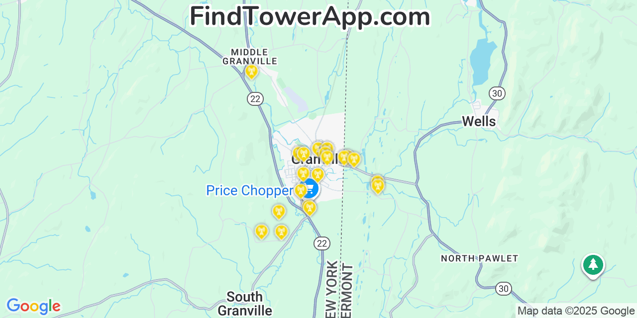 Map showing the 20 primary cell tower locations detected in Granville, New York from AT&T, Verizon, and T-Mobile networks
