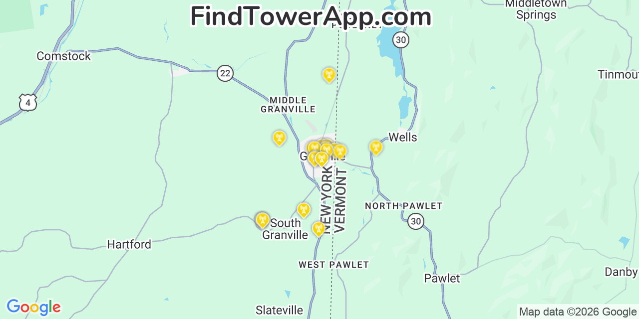 Map showing the 20 primary cell tower locations detected in Granville, New York from AT&T, Verizon, and T-Mobile networks