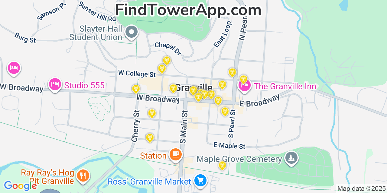 Map showing the 20 primary cell tower locations detected in Granville, Ohio from AT&T, Verizon, and T-Mobile networks
