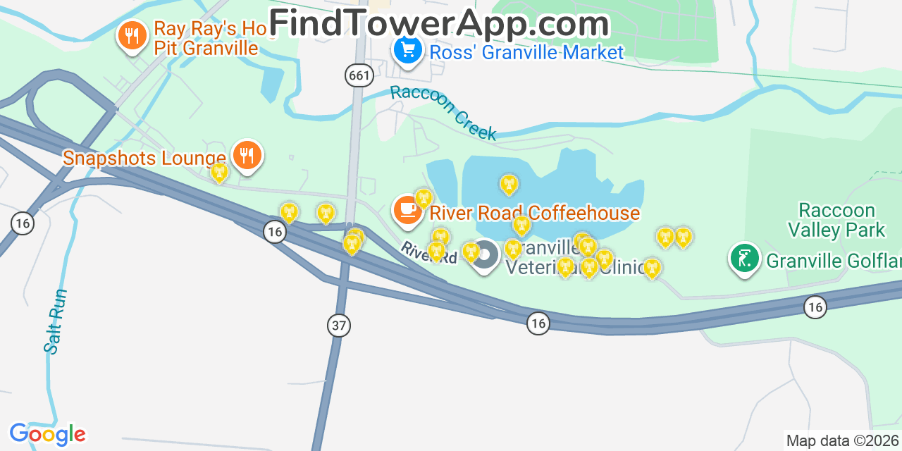 Map showing the 20 primary cell tower locations detected in Granville, Ohio from AT&T, Verizon, and T-Mobile networks
