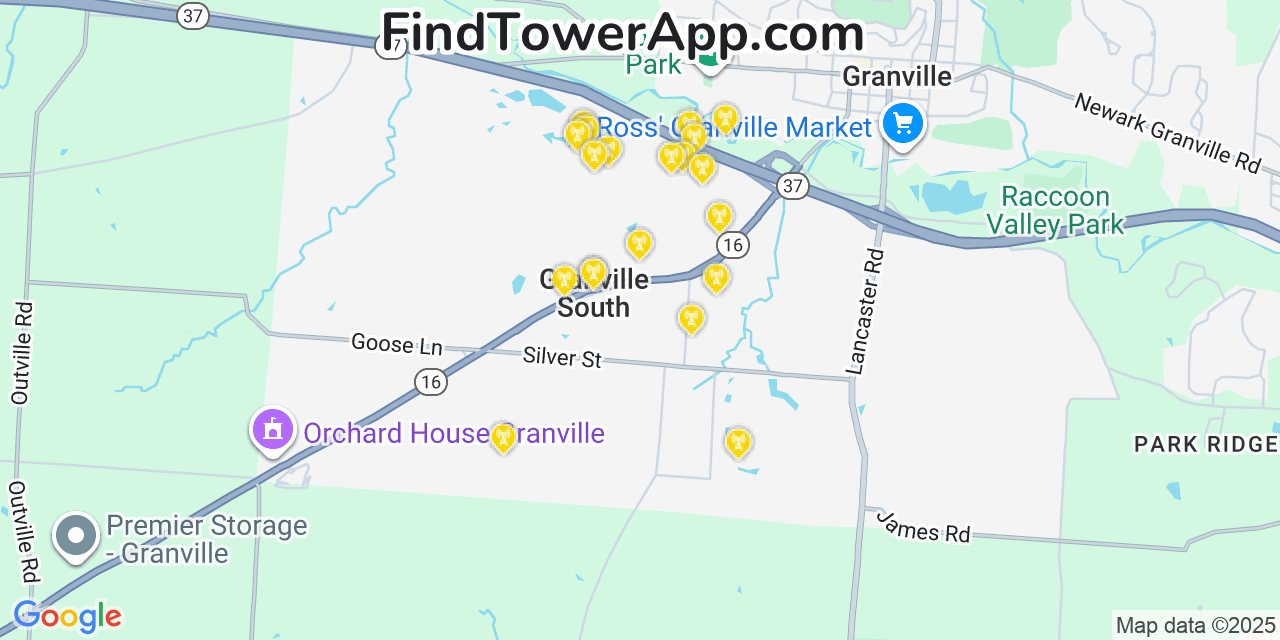 Map showing the 20 primary cell tower locations detected in Granville South, Ohio from AT&T, Verizon, and T-Mobile networks