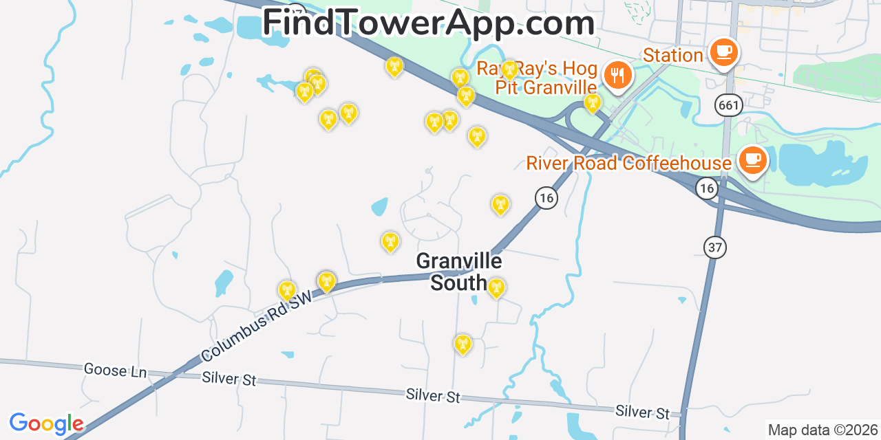 Map showing the 20 primary cell tower locations detected in Granville South, Ohio from AT&T, Verizon, and T-Mobile networks