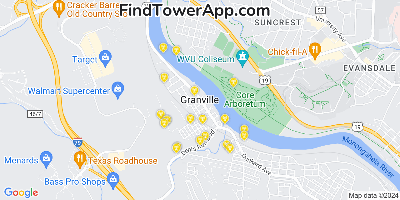 AT&T 4G/5G cell tower coverage map Granville, West Virginia