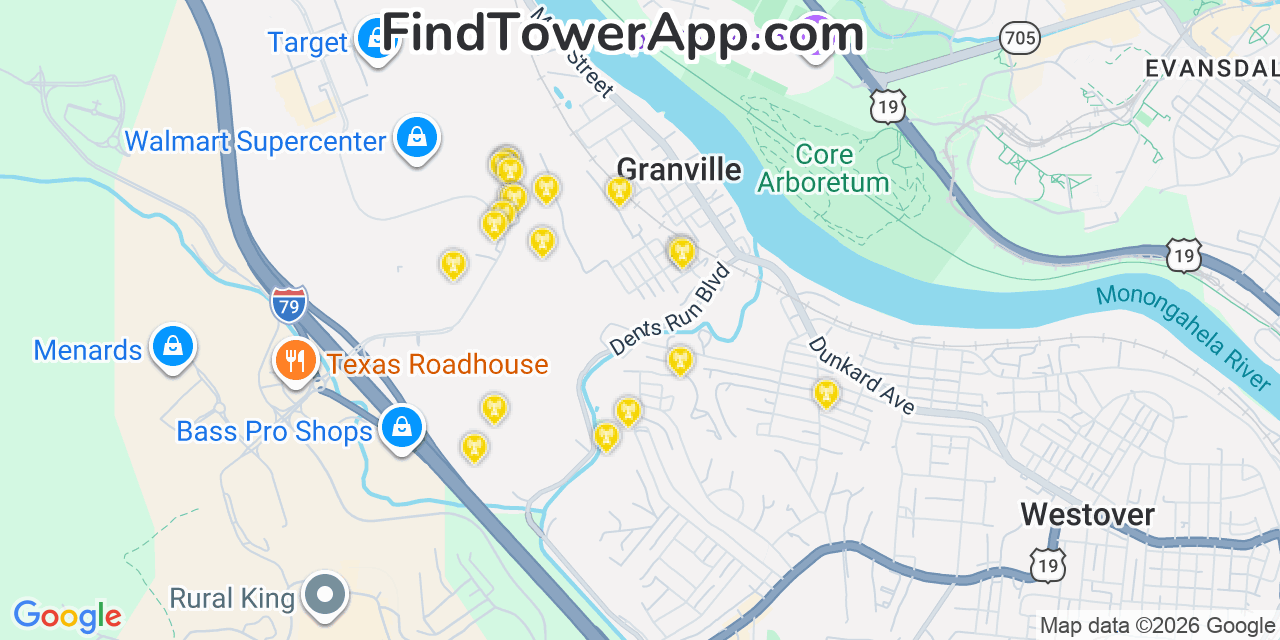 Map showing the 20 primary cell tower locations detected in Granville, West Virginia from AT&T, Verizon, and T-Mobile networks