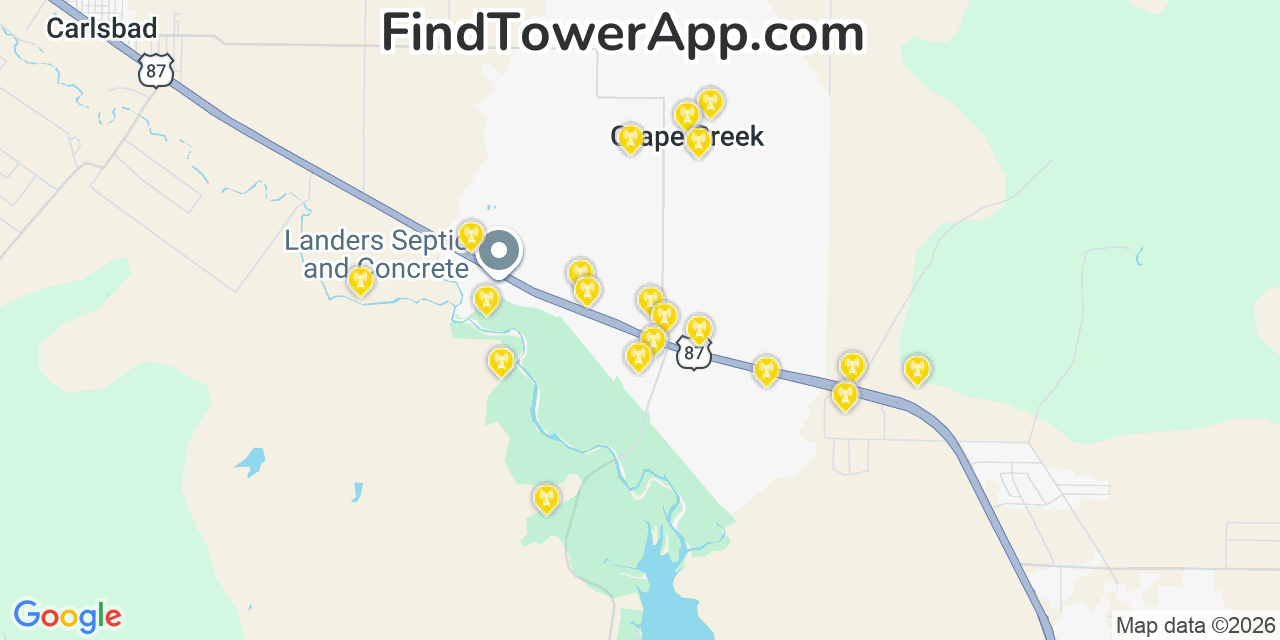 Map showing the 20 primary cell tower locations detected in Grape Creek, Texas from AT&T, Verizon, and T-Mobile networks
