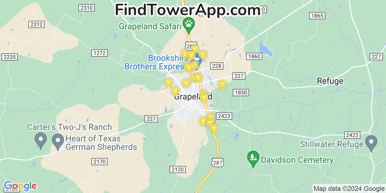 AT&T 4G/5G cell tower coverage map Grapeland, Texas