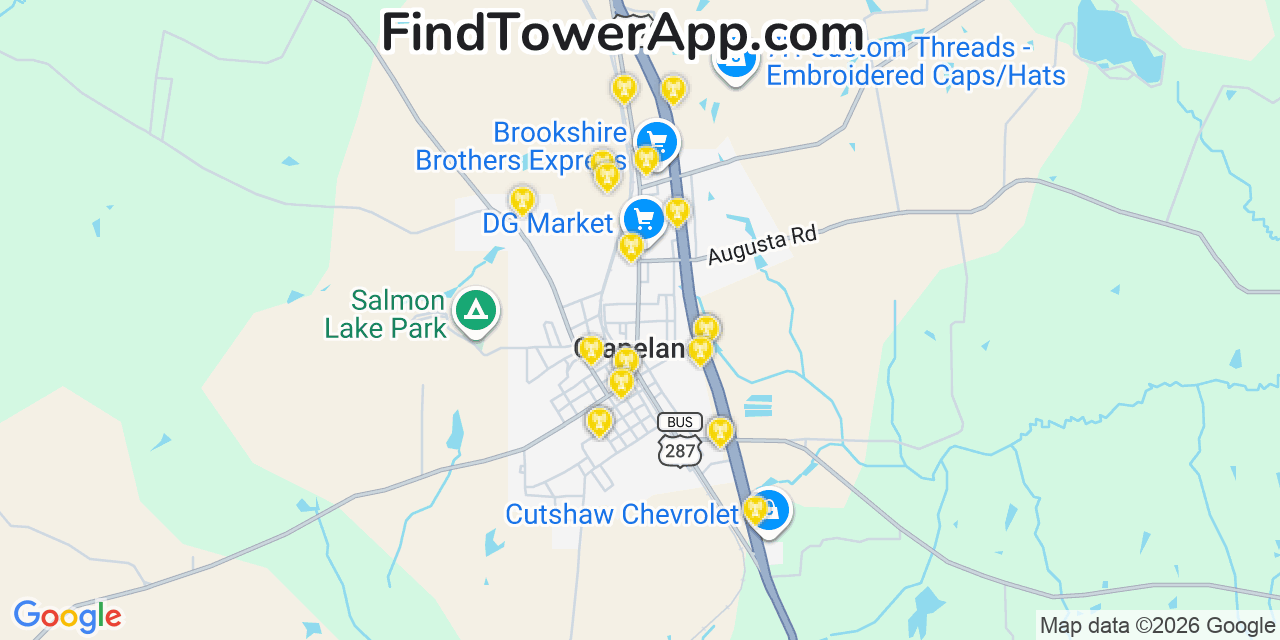 Map showing the 20 primary cell tower locations detected in Grapeland, Texas from AT&T, Verizon, and T-Mobile networks