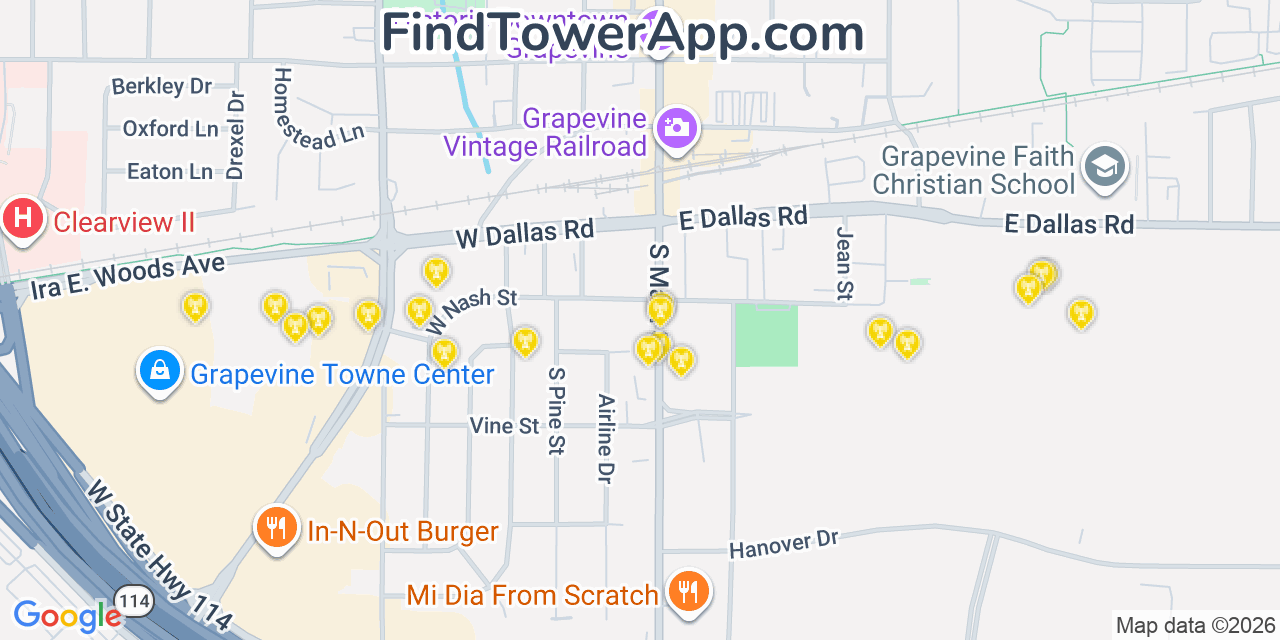 Map showing the 20 primary cell tower locations detected in Grapevine, Texas from AT&T, Verizon, and T-Mobile networks