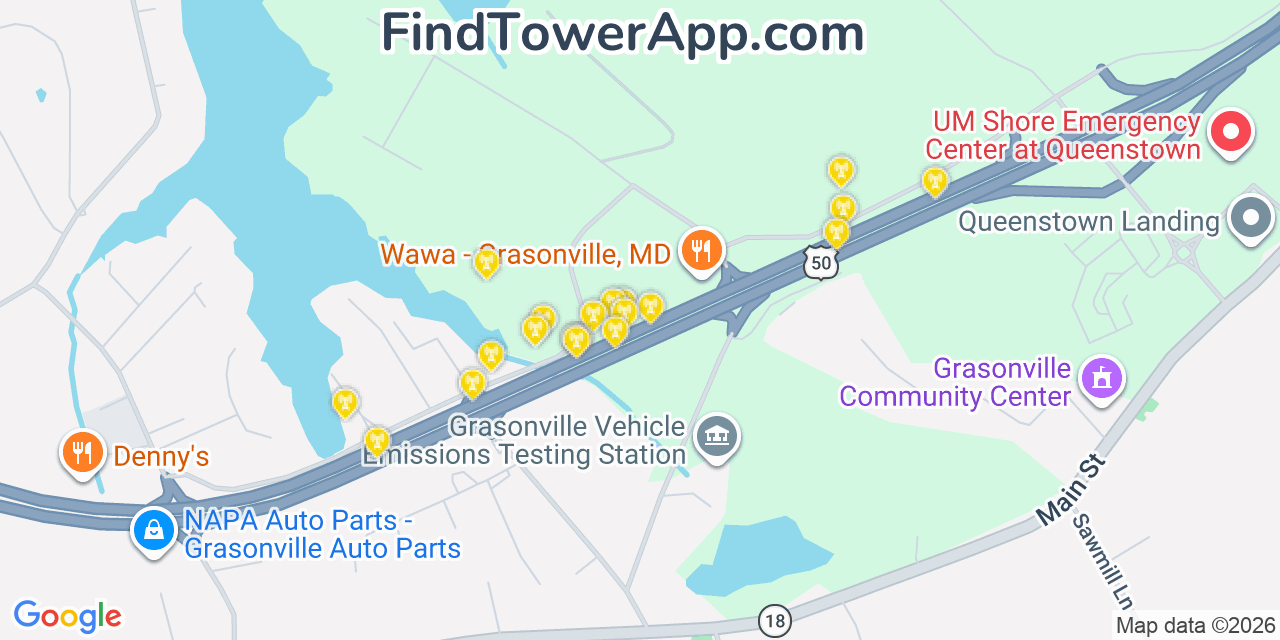 Map showing the 20 primary cell tower locations detected in Grasonville, Maryland from AT&T, Verizon, and T-Mobile networks